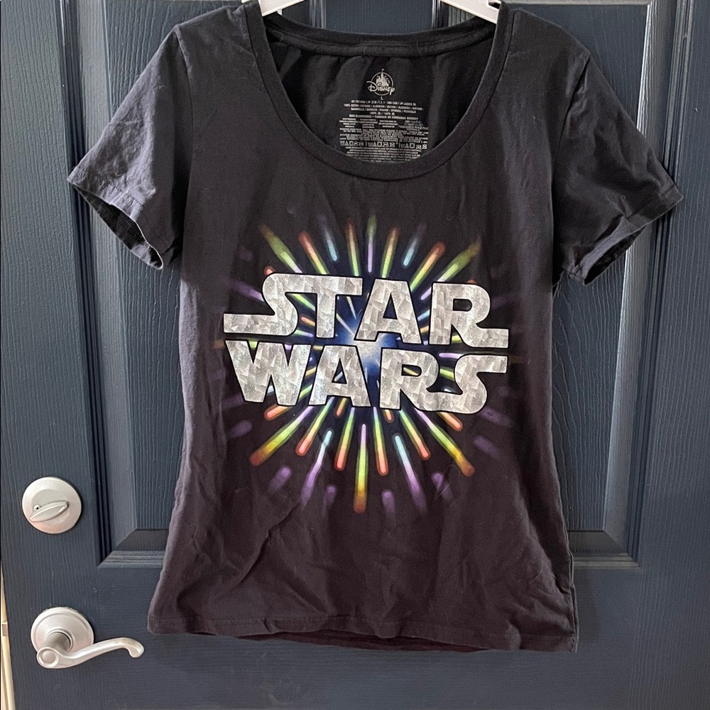 Star Wars Black T-Shirt with Glittery Colorful Logo- Size Large( runs small)